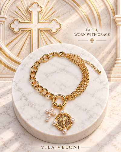 Refuge of Light Bracelet - Cross & Medallion Charms, 18k Gold Plated, Adjustable