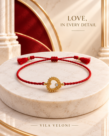 Crimson Heartbeat Bracelet - Open Heart Charm, Sterling Silver 18k Gold Plated, Adjustable