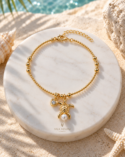 Golden Tide Bracelet - Sea Turtle, Heart & Pearl Charms, 18k Gold Plated, Adjustable