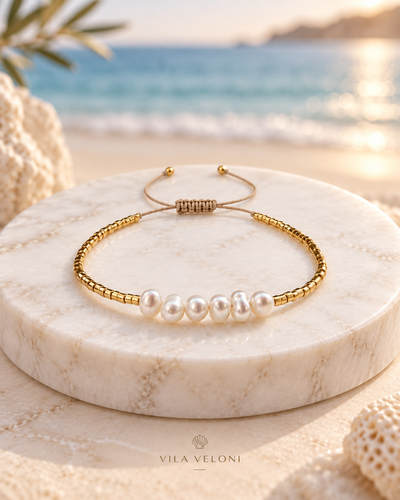 Crystal and Pearl Bracelet - Golden Sand, Gold-Tone Beads, Adjustable