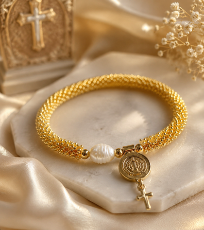 Religious Charm Bracelet - Pearl, Medal & Cross, Gold-Plated