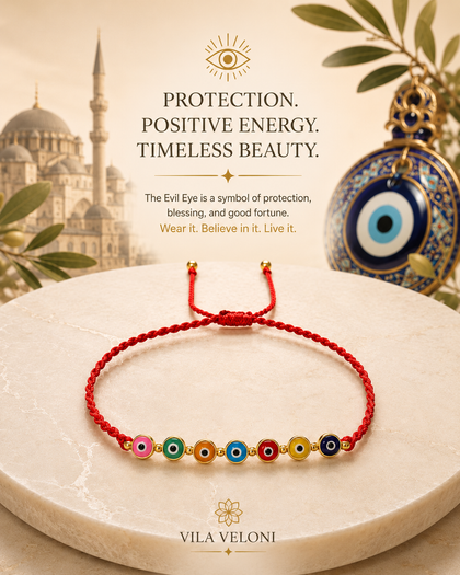 Evil Eye Bracelet - Silver 925 Gold Plated Multicolor Turkish Eye Charms, Red Cord, Adjustable