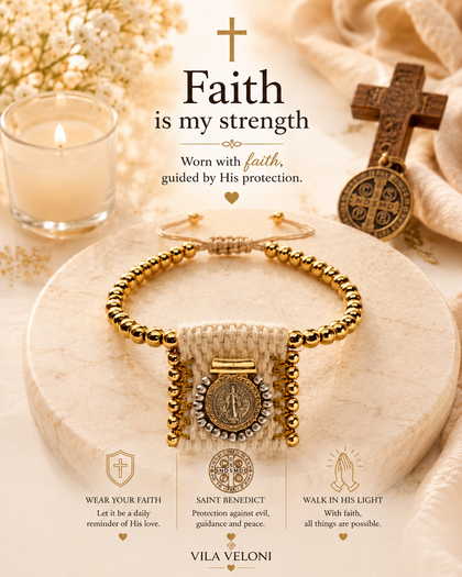 Saint Benedict Bracelet - Woven Cord, Gold-Tone Beads, Adjustable