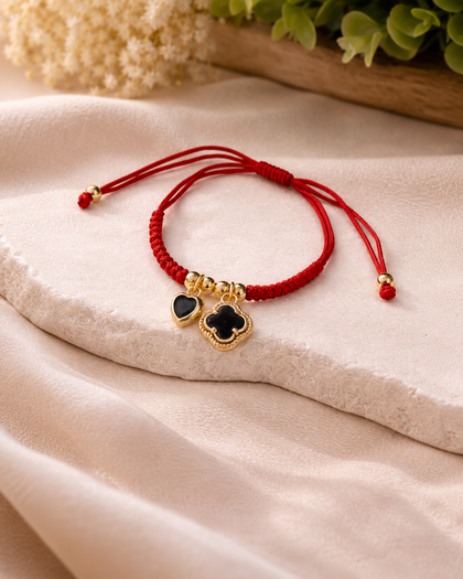 Red String Bracelet - Clover & Black Heart, 18k Gold Plated, Adjustable