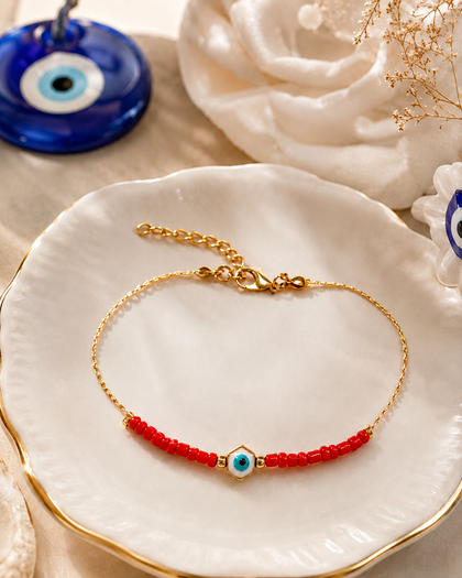 Evil Eye Bracelet - Crimson Red, Gold-Plated, Adjustable