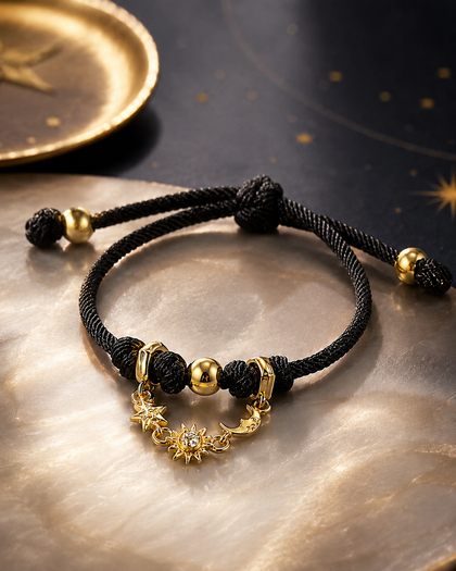 Black Cord Bracelet - Sun, Moon & Star Charms, 18k Gold Plated, Adjustable