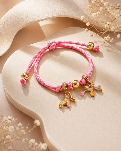 Pink Cord Bracelet - Roller Skate, Sunglasses & Umbrella Charms, 18k Gold Plated, Adjustable