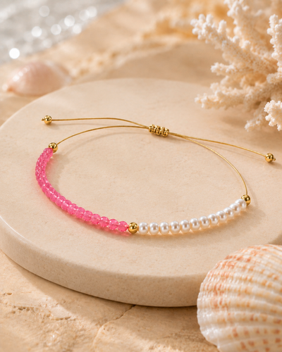 Pearl & Crystal Bracelet - Blush Pink, Gold-Tone Accents, Adjustable Cord