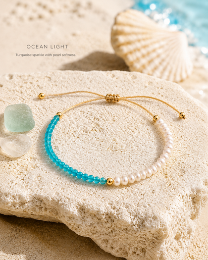 Pearl & Crystal Bracelet - Sea Blue, Gold-Tone Accents, Adjustable Cord