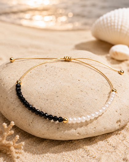 Pearl & Crystal Bracelet - Onyx Black, Gold-Tone Accents, Adjustable Cord