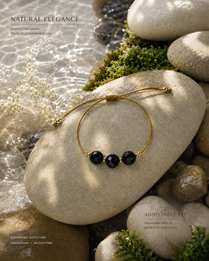 Natural Stone Bracelet - Midnight Black, Stones and Crystals, Gold-Tone Cord, Adjustable