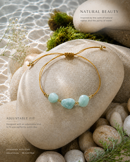 Natural Stone Bracelet - Aqua Seafoam, Stones and Crystals, Gold-Tone Cord, Adjustable