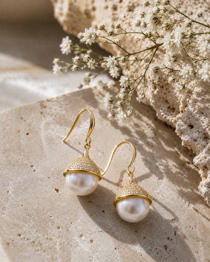 18k Gold-Plated 925 Silver Bell-Style Earrings with Pearl and Cubic Zirconia
