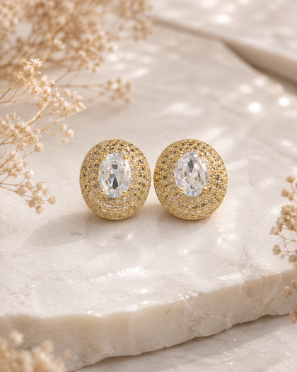 Oval Earrings - Cubic Zirconia, 18k Gold Plated