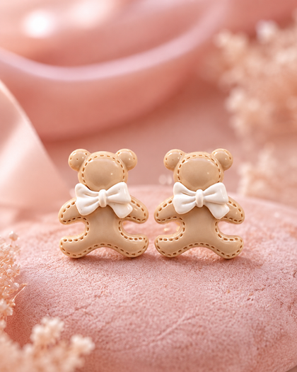 Beige Bear Earrings with White Bow