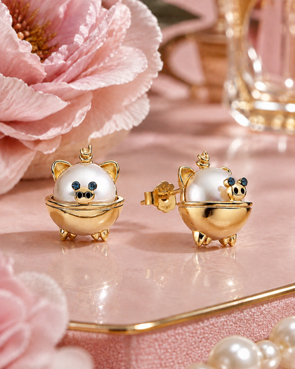 Pig Shaped Pearl and Zirconia Earrings in 925 Silver and 18k Gold Plated