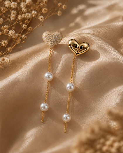 Heart Earrings with Cubic Zirconia and Hanging Pearls in Brass and 18k Gold Plating