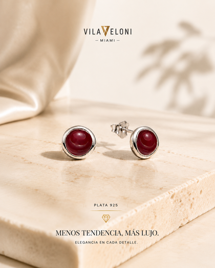 Round Earrings with Vinotinto Semiprecious Stone - 925 Sterling Silver