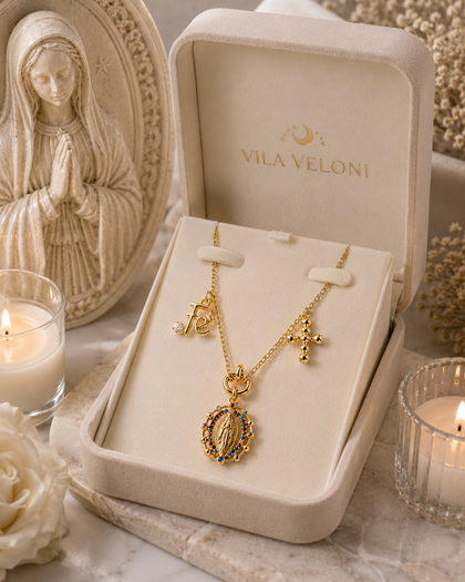 Virgin Mary necklace with the word "Faith" and a cross with cubic zirconia.