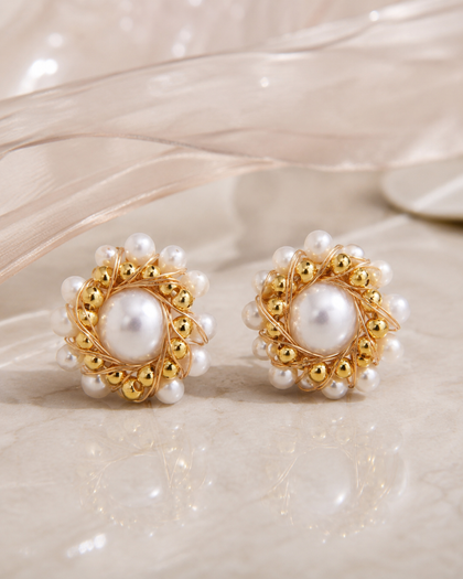 Brass and Pearl Earrings-18k gold plating