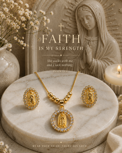 Virgin Mary Necklace and Earring Set with Cubic Zirconia