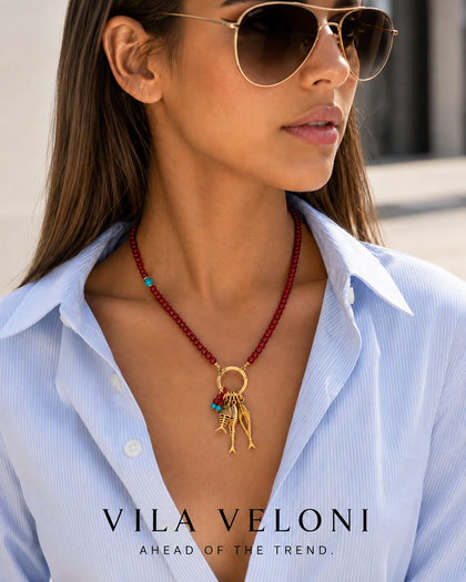 Necklace with Red Crystals and Fish Charms-18k gold plated