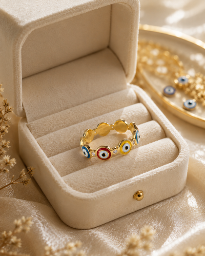 Ring with Colorful Turkish Eyes in Brass and 18k Gold Plating
