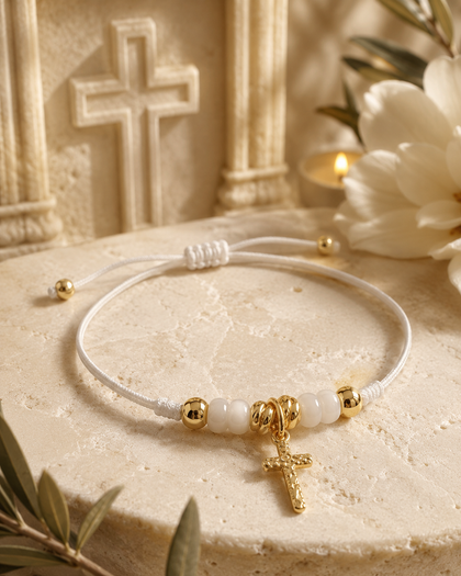 Cord Bracelet - White with Cross Charm