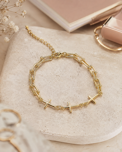 Brass Chain Bracelet with Crosses-18k gold plating