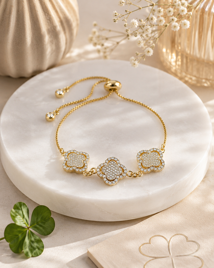 Adjustable Clover Bracelet with Cubic Zirconia-18k gold plating