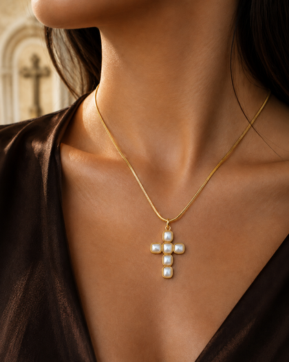Necklace with Cross Pendant with Pearls in Brass and 18k Gold Plating