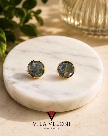 Earrings with a Blue-Gray Semiprecious Stone