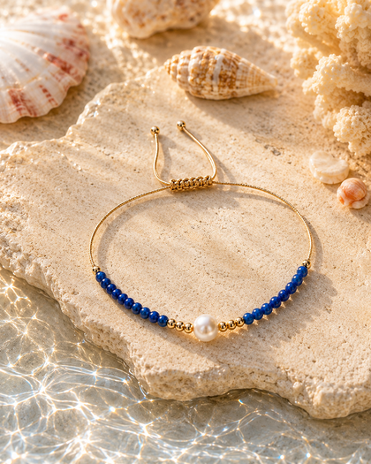 Ocean Pearl Bracelet - Ocean Blue, Freshwater Pearl & 18K Gold Plated, Adjustable