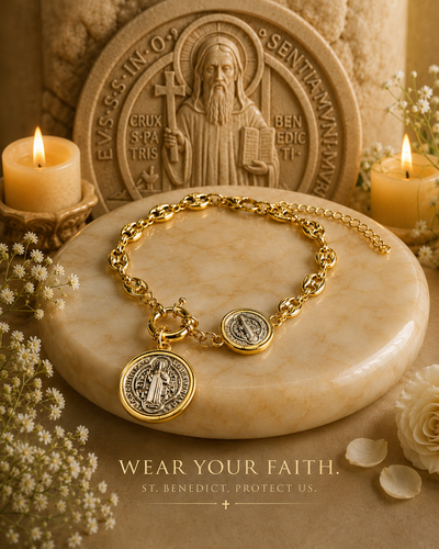 Saint Benedict Bracelet - Double Medal, 18k Gold Plated Chain, Adjustable