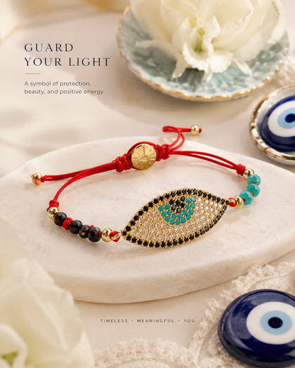 Evil Eye Red String Bracelet - Crystals and Cubic Zirconia, Adjustable