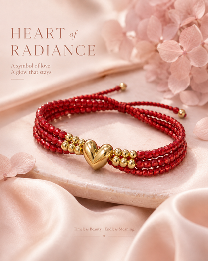 Triple Red Crystal Bracelet - Heart, 18k Gold Plated, Adjustable