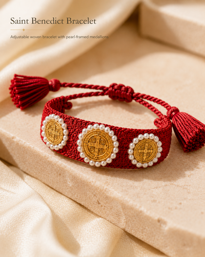 Saint Benedict Medal Bracelet - Red Cord with Pearls, Adjustable