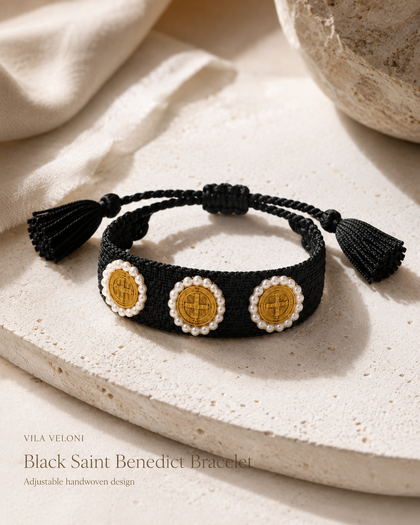 Saint Benedict Medal Bracelet - Black Cord with Pearls, Adjustable