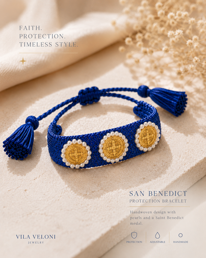 Saint Benedict Medal Bracelet - Blue Cord with Pearls, Adjustable