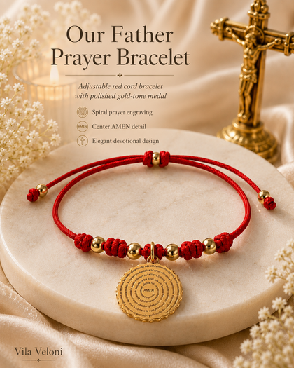 Lord's Prayer Bracelet - Red Waxed Cord, 18k Gold Plated Brass, Adjustable