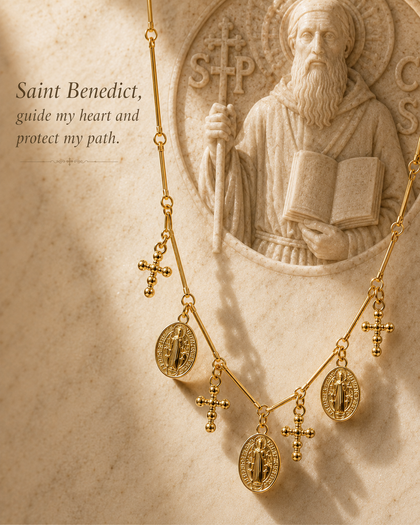 Necklace with Cross Pendants and Saint Benedict Medal in Brass and 18k Gold Plated