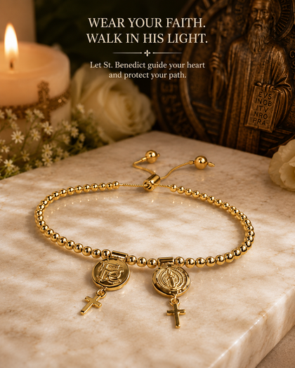 Beaded Bracelet - Saint Benedict & Cross, adjustable