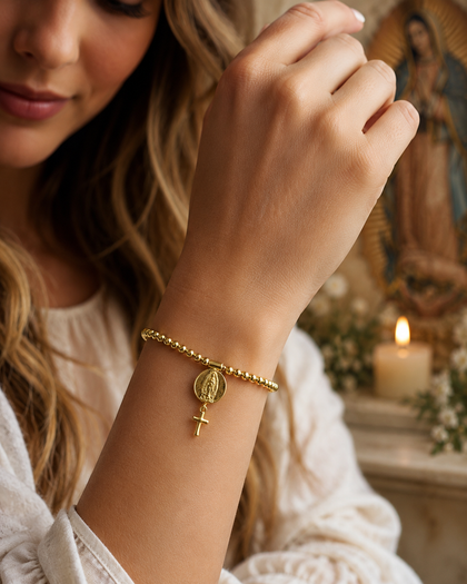 Beaded Bracelet - Virgin Mary & Cross, adjustable