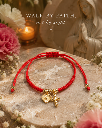 Cross & Heart Bracelet - Red String, Adjustable