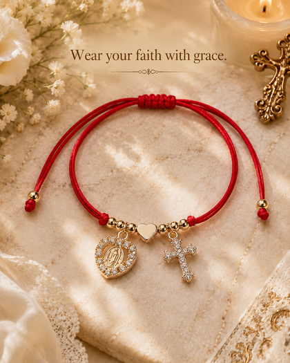 Virgin Mary, Cross & Heart Bracelet - Charms & Cubic Zirconia, Red String, Adjustable