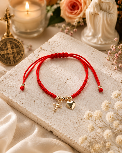 Cross & Heart Bracelet - Red String, Adjustable