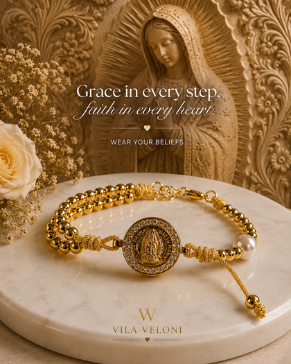 Double-Strand Beaded Bracelet - Virgin Mary, with Pearl and Cubic Zirconia