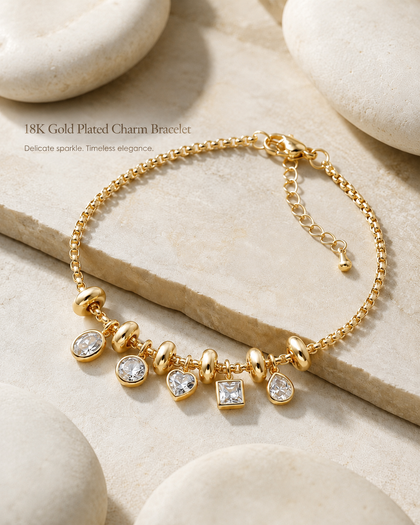 Multi-Charm Bracelet - Cubic Zirconia Hearts, 18k Gold Plated