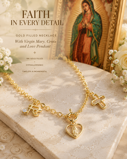 Virgin Mary Necklace with Cross and Faith Charms