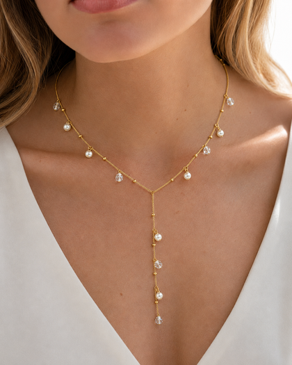 Pearl & Zirconia Necklace - Sterling Silver, 18k Gold Plated